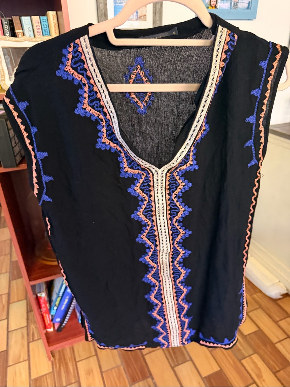 THML Black Sleeveless Tunic with Blue and Peach Embroidery